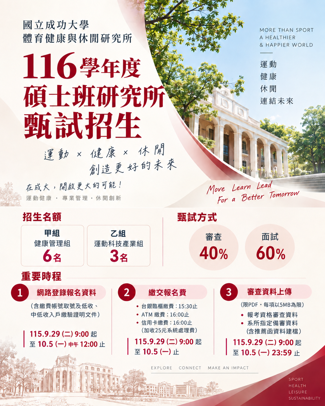 國立成功大學體育健康與休閒研究所116學年度碩士班研究生甄試招生海報