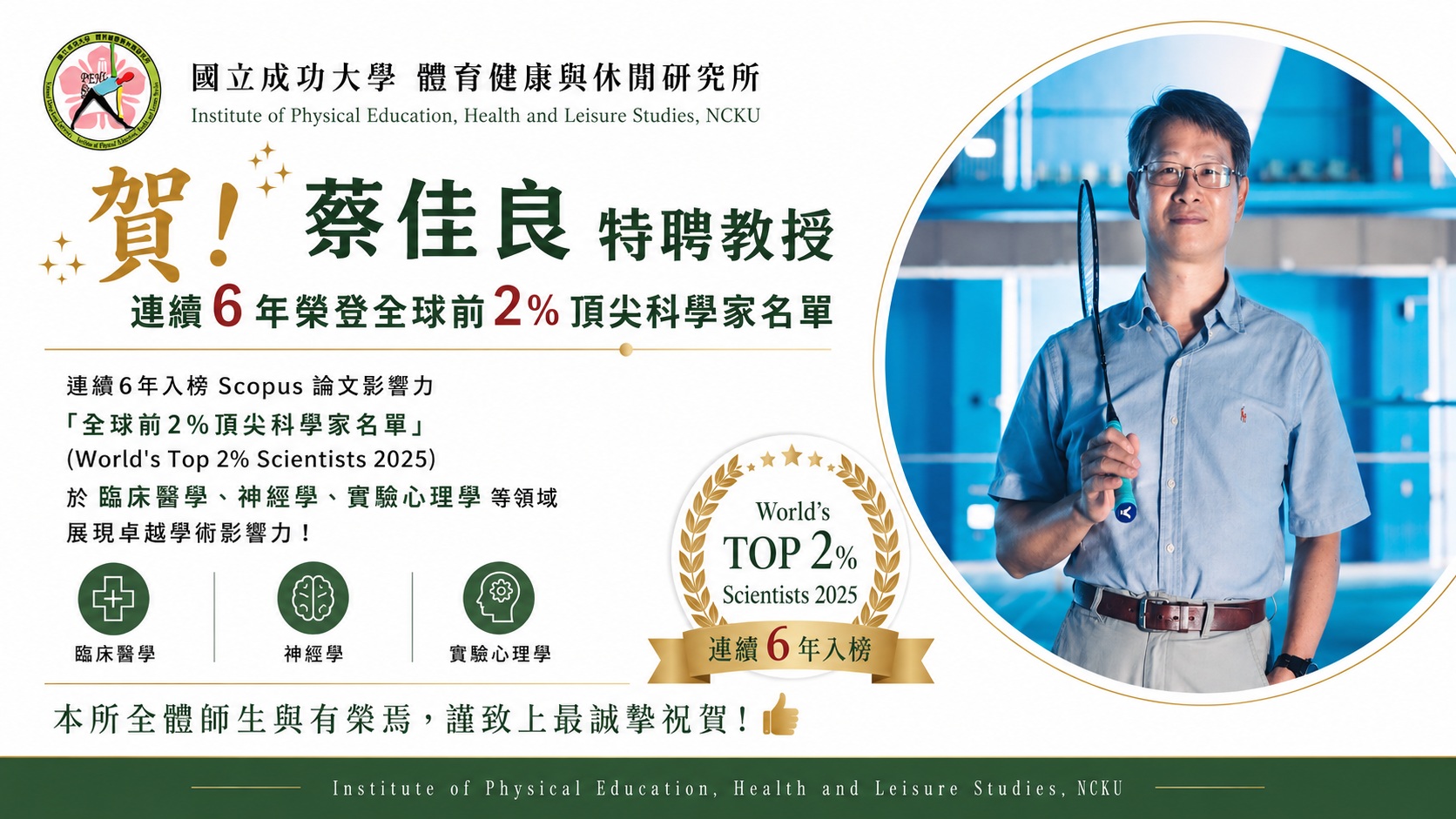 恭喜本所蔡佳良特聘教授連續6年入榜全球百分之二頂尖科學家名單