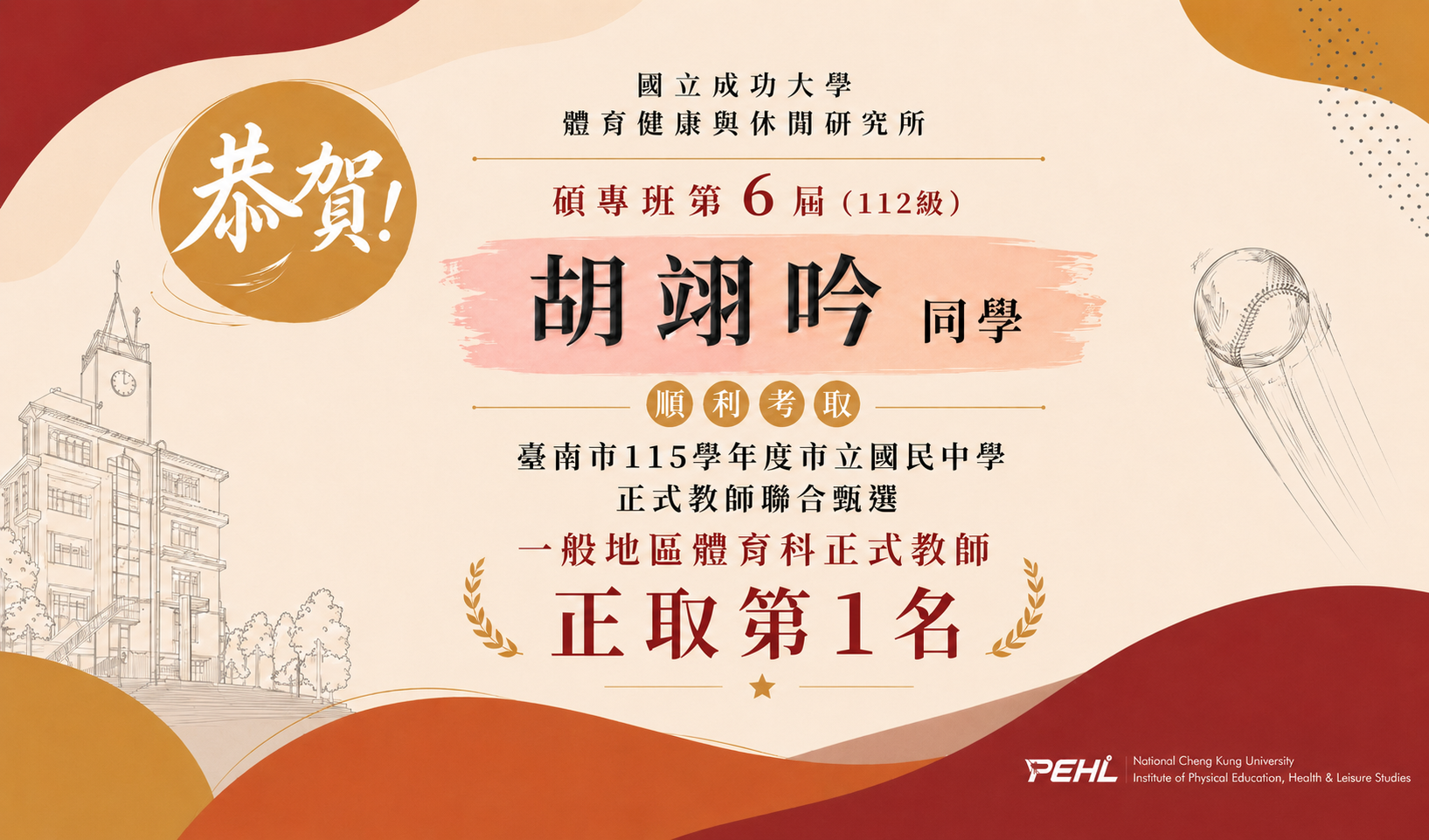 碩專班第6屆胡翊吟同學榮獲臺南市國中體育科正式教師正取第1名